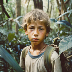 Boy lost in a jungle, colors faded