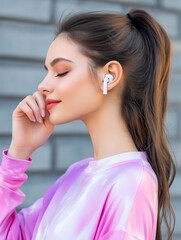 Natural Beauty Woman Wearing AirPods with Wireless Charging Function, Ready to Listen