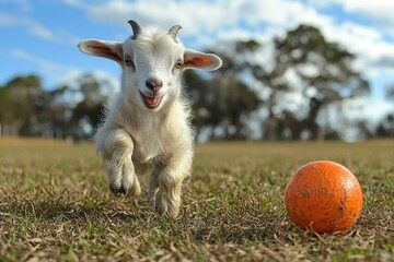 Fototapeta premium A playful white goat kid running toward a large orange ball in a grassy field