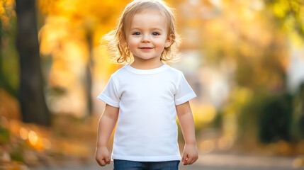 Adorable 1-Year-Old Girl in White T-Shirt Smiling Outdoors in Autumn