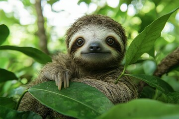 Fototapeta premium Close-up Portrait of a Baby Sloth in Lush Green Foliage