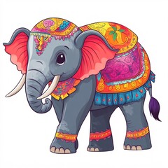 Obraz premium An Indian cartoon elephant with a colorful blanket on its back