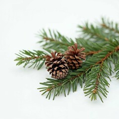 Beautiful fir branches with dry cones on white background