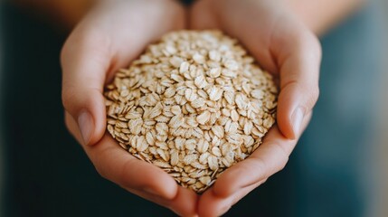 Hands gently holding a pile of raw unprocessed oats in natural lighting with a deep depth of field  The simple