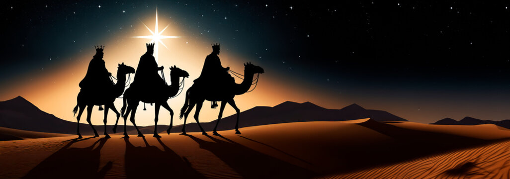 Silhouette of the three kings on their way to Bethlehem . Copy space