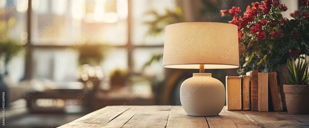 Poster a white lamp on a wooden table in front of a window with sunlight streaming through.