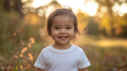 Adorable 1-Year-Old Girl in White T-Shirt Smiling Outdoors in Autumn