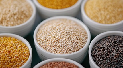 A variety of colorful organic cereal grains including quinoa millet and amaranth arranged in small ceramic bowls against a bright kitchen background with a deep depth of field
