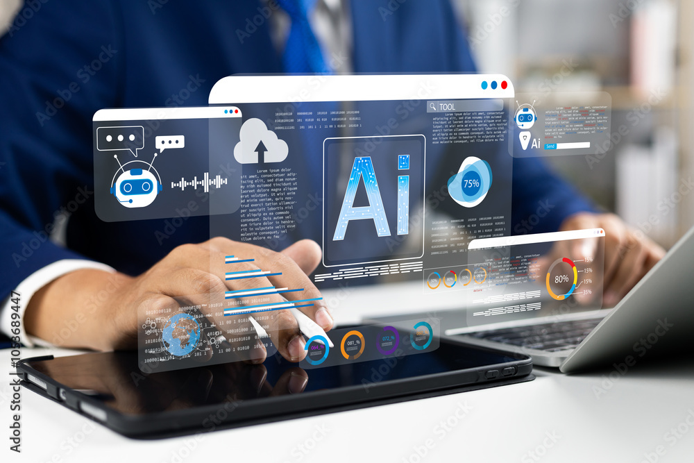 Poster Businessman use artificial intelligence AI technology for enhanced work efficiency data analysis and efficient tools, Unlocking work potential with AI solutions chatbot help solve work problems.
