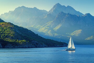 Naklejka premium A sailboat sails through a calm bay, surrounded by majestic mountains. This image is perfect for projects related to travel, adventure, or the beauty of nature.