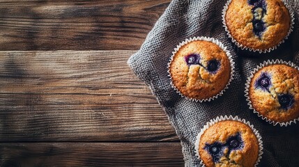 freshly baked blueberry muffins arranged on a rustic wooden table, their golden tops glistening, inviting warmth and a homely atmosphere