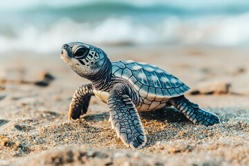 Fototapeta premium A Hatchling Sea Turtle Walking on a Sandy Beach