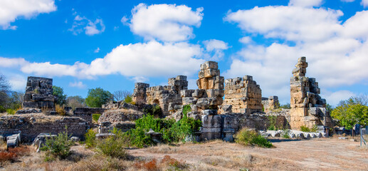 The ruins of Aphrodisias Ancient city (Afrodisias) in Turkey. The city was named after Aphrodite, the Greek goddess of love. The old ruins of the Hadrian Baths