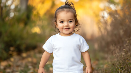 Adorable 1-Year-Old Girl in White T-Shirt Smiling Outdoors in Autumn