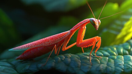 A Bright Red Praying Mantis Perched on a Green Leaf