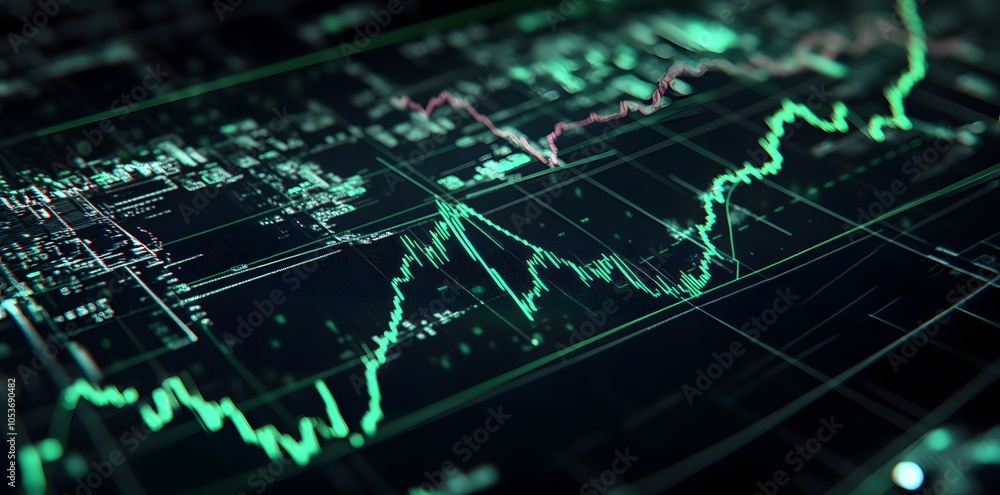 Poster digital financial graph displaying market trends and data analysis.