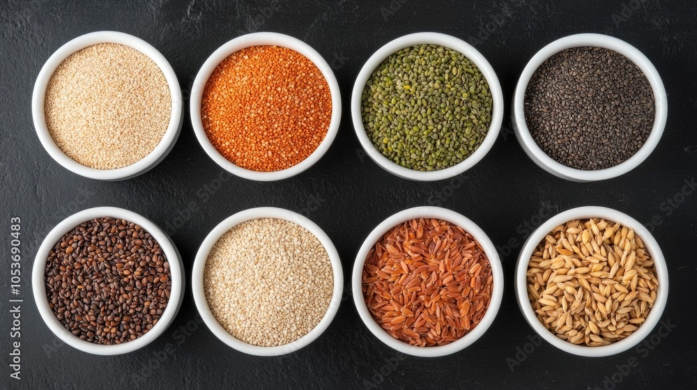 Poster overhead view of a variety of healthy unprocessed whole grains and seeds arranged in bowls on a simp