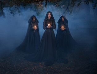 Obraz premium Group of womans walking in night forest tree, holding candles in hands, mystical cult three girls priestesses. Black clothes dress cape hood on head. Beautiful gothic queen with maids. Dark long hair.