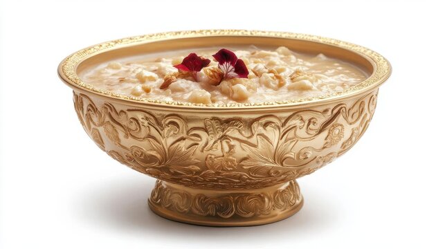 front view of deliciously presented kheer in an ornate golden dessert bowl, capturing the rich textures and colors of this traditional indian sweet, isolated on white