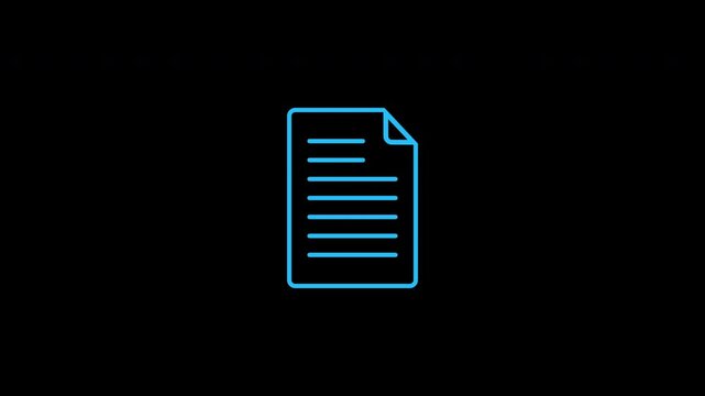 A blue document icon with an animated text line is displayed on a black background. Alpha channel.