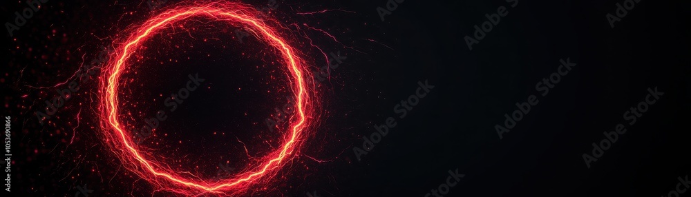 Poster a striking red light circle surrounded by darkness, creating a mesmerizing and dramatic visual effec