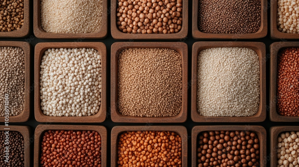 Aufkleber top down view of an assortment of various grains and legumes like millet sorghum rye and others arra