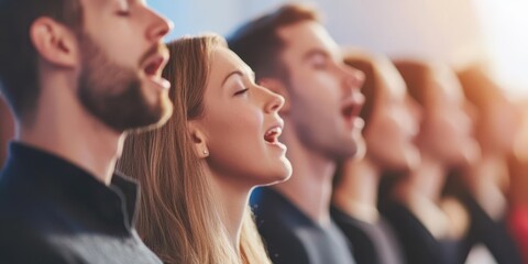 Group of people singing together, emotional expression in their faces.