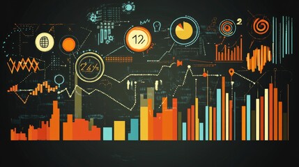 Obraz premium Business-themed background with a stock chart, corporate icons, and economic data, dynamic market trends