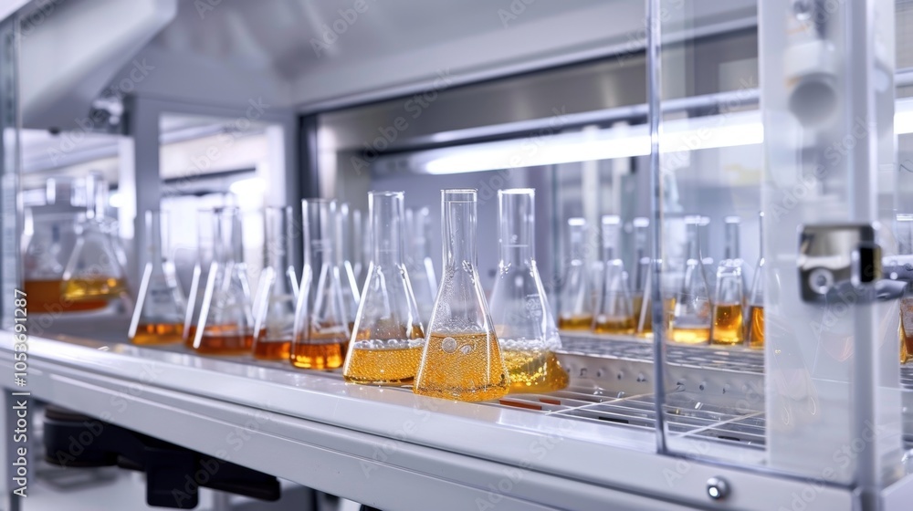 Poster a chemical fume hood with the glass window open displaying rows of conical flasks and beakers filled