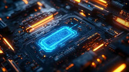 Obraz premium Futuristic circuit board with glowing neon blue traces, dark metallic background, technological texture, cyberpunk aesthetic, geometric tech lines, carbon fiber surface.
