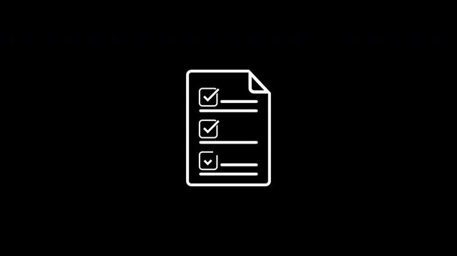 A white document icon with an animated text line and checkmarks is displayed on a black background. Alpha channel.