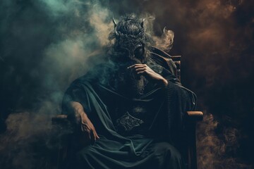 Powerful god of the underworld is sitting on his throne, surrounded by smoke, with large horns