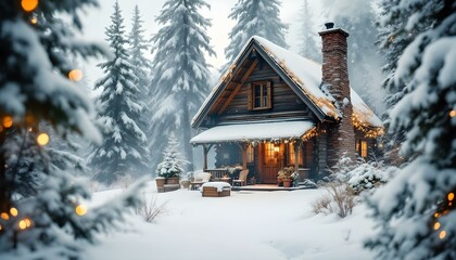 Fototapeta premium A cozy wooden cabin nestled in a winter forest, surrounded by snow-covered trees, evoking a serene and tranquil atmosphere in a picturesque winter landscape