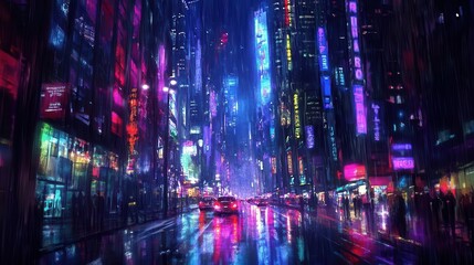 Fototapeta premium futuristic cityscape illuminated by vibrant neon lights at night, with tall skyscrapers and glowing windows. the street is dark and defocused, creating a dynamic urban atmosphere