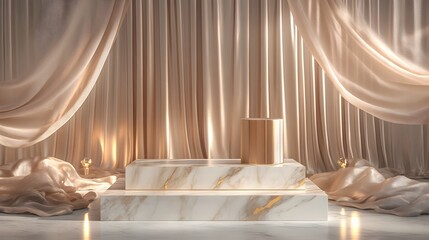 Elegant display with marble podium and soft drapery for showcasing products or art.