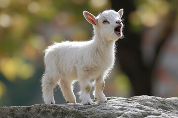 Fototapeta premium A White Baby Goat Stands on a Rock and Bleats