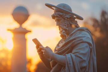Statue of a roman god using a smartphone at sunset, in a conceptual image about technology and the past