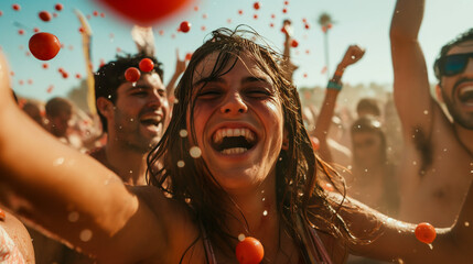 Obraz premium Joyful young woman celebrating at La Tomatina festival.