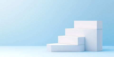 Fototapeta premium Minimalist white step blocks on a blue background for display or marketing.