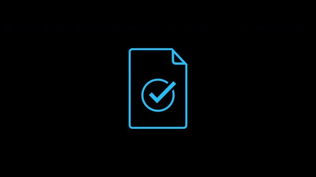 An animated blue document icon with a checkmark is displayed on a black background. Alpha channel.