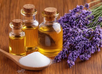 Assortment of organic lavender essential oil bottles and bunches of fresh lavender flowers on a rustic wooden table  Natural aromatherapy herbal wellness and spa treatment concept