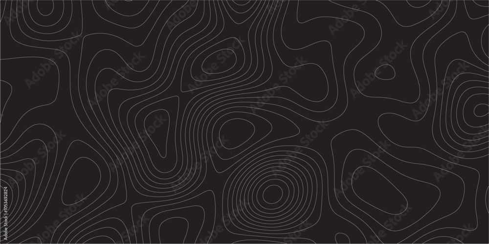 Poster Abstract white on black background Topographic line map pattern. Contour elevation topographic and textured Background Modern design with black background with topographic wavy patted.	
