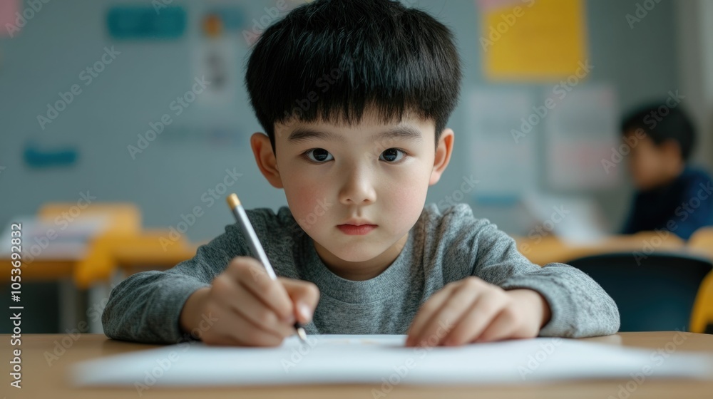 Aufkleber portrait of a focused elementary school student sitting at a desk and writing in a notebook deep foc