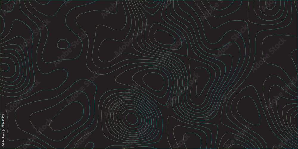Poster Abstract black colorful gradient Topographic line map pattern background. Contour elevation topographic and textured Background Modern design with black background with topographic wavy Patte and dot	