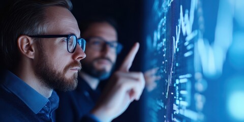 Professional colleagues analyzing digital data on a touchscreen display.