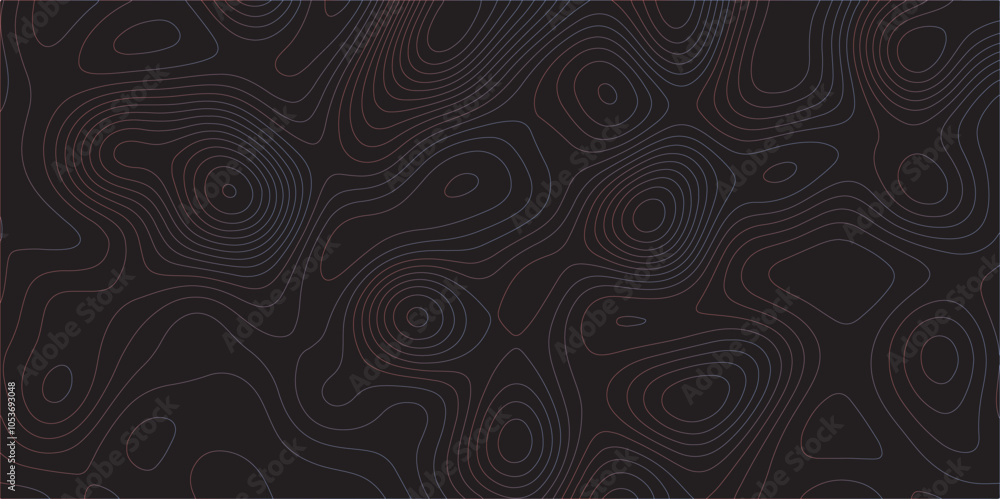 Poster Abstract black colorful gradient Topographic line map pattern background. Contour elevation topographic and textured Background Modern design with black background with topographic wavy Patte and dot	