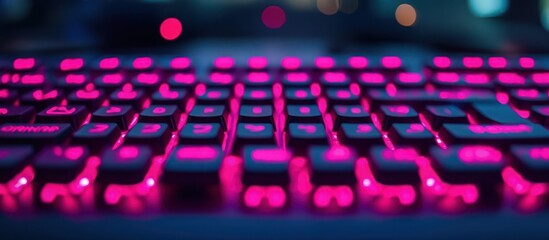 Fototapeta premium Close up of a backlit keyboard with glowing pink keys.