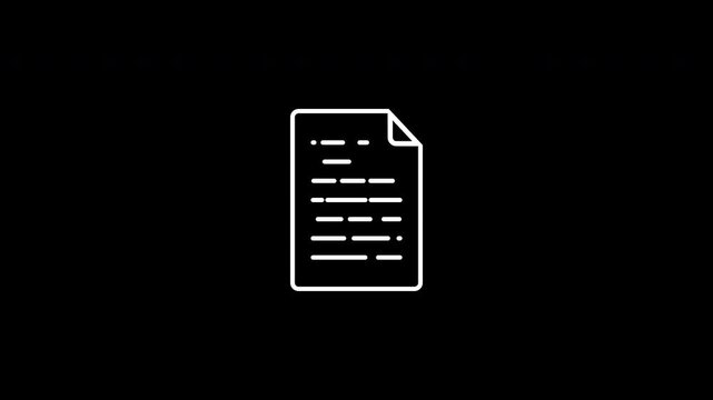 A white document icon with an animated text line is displayed on a black background. Alpha channel.