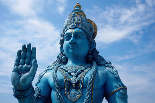 Giant blue statue of varuna, the hindu god of water and the celestial ocean, making a blessing gesture with the hand under a blue sky