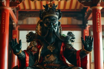 Statue of yama the god of death conducting ethical trial while sitting on throne in chinese temple